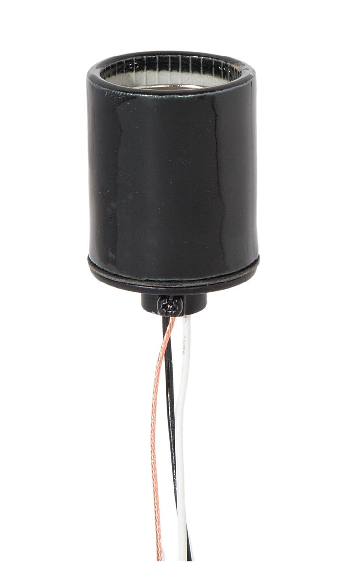 Keyless Glazed Black Porcelain E-26 Socket, Thin Wires, 1/8 IPS Metal Cap