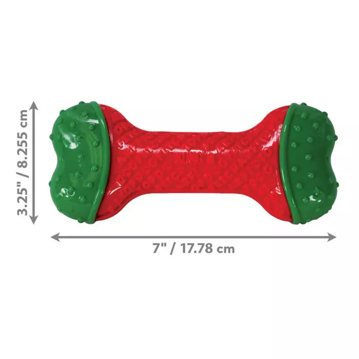 Red and green dog toy with measurements on a white background