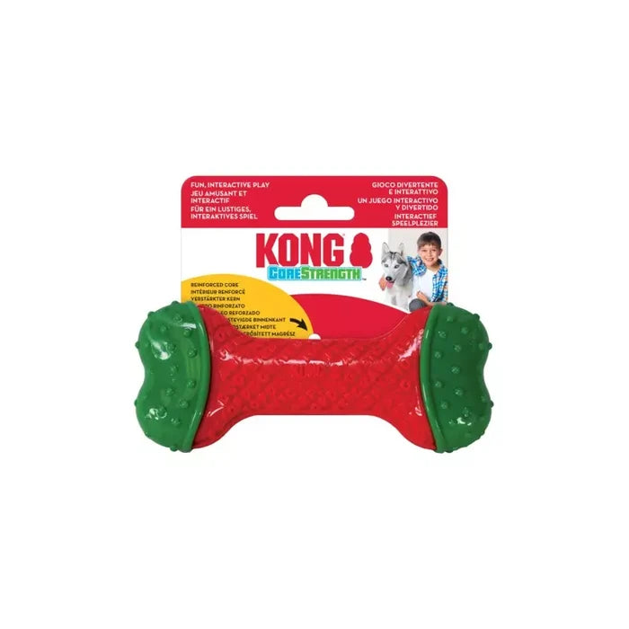 Red and green KONG Core Strength dog toy with packaging on a white background