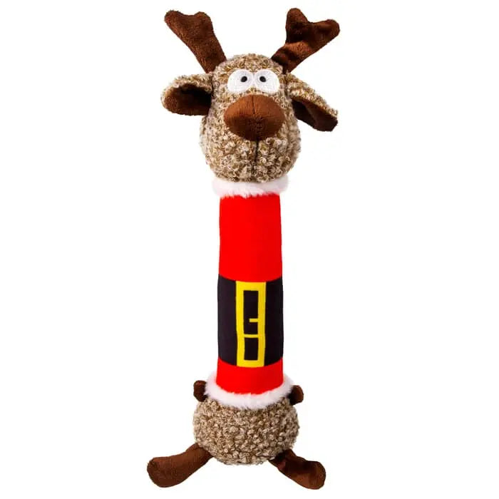 Plush reindeer Christmas dog toy with a red scarf on a white background