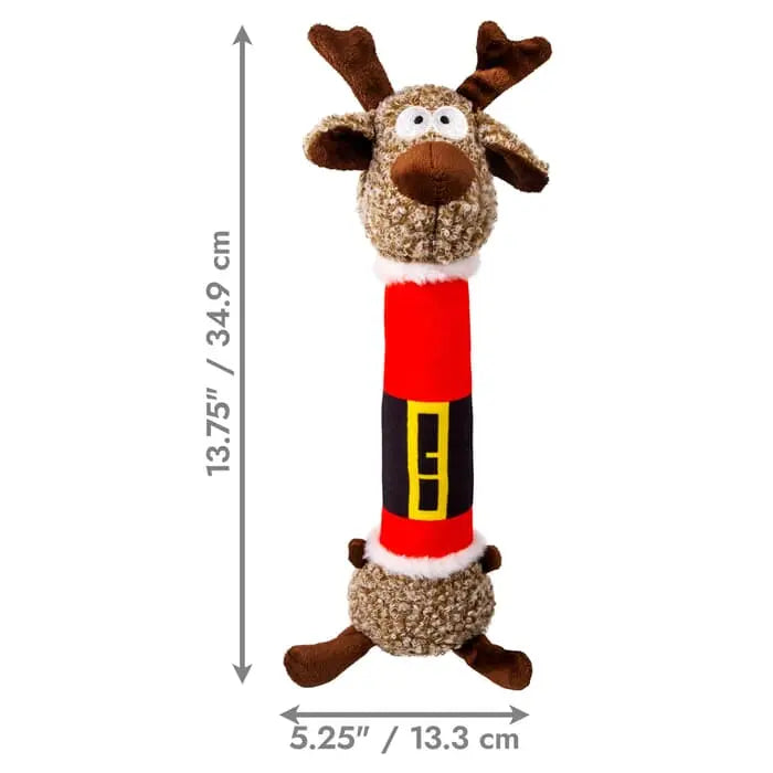Plush reindeer Christmas dog toy with dimensions on a white background