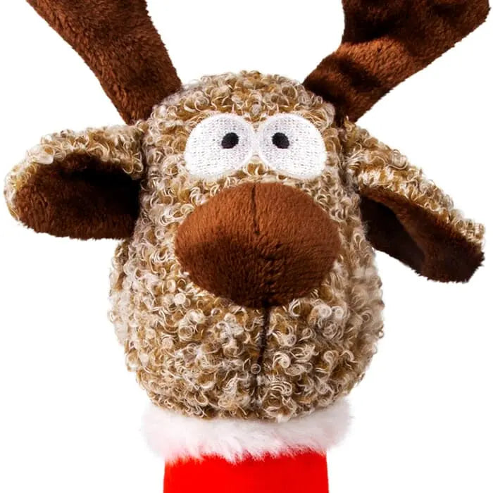 Plush reindeer Christmas dog toy with a white background
