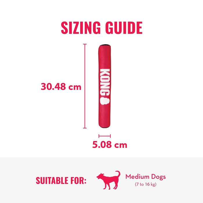 Kong product size guide with dimensions and suitability for medium dogs on a white background