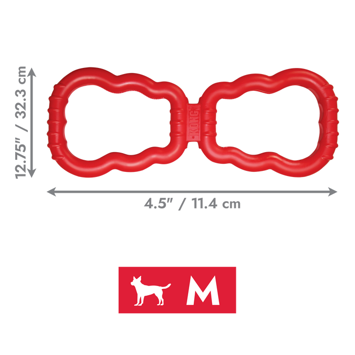 Red dog toy with dimensions labeled on a white background