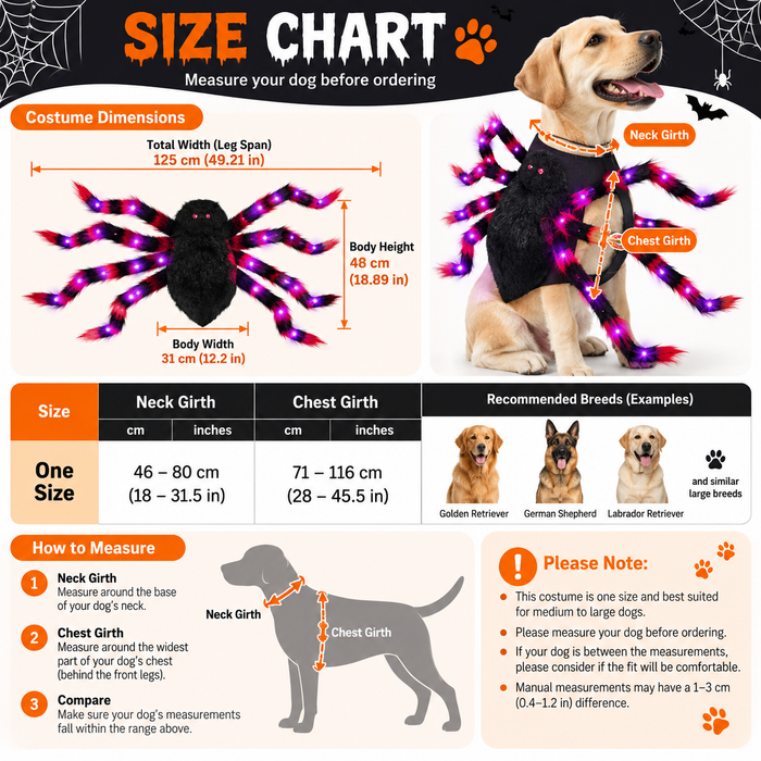 Large Dog Halloween Spider Costume with LED Purple Lights