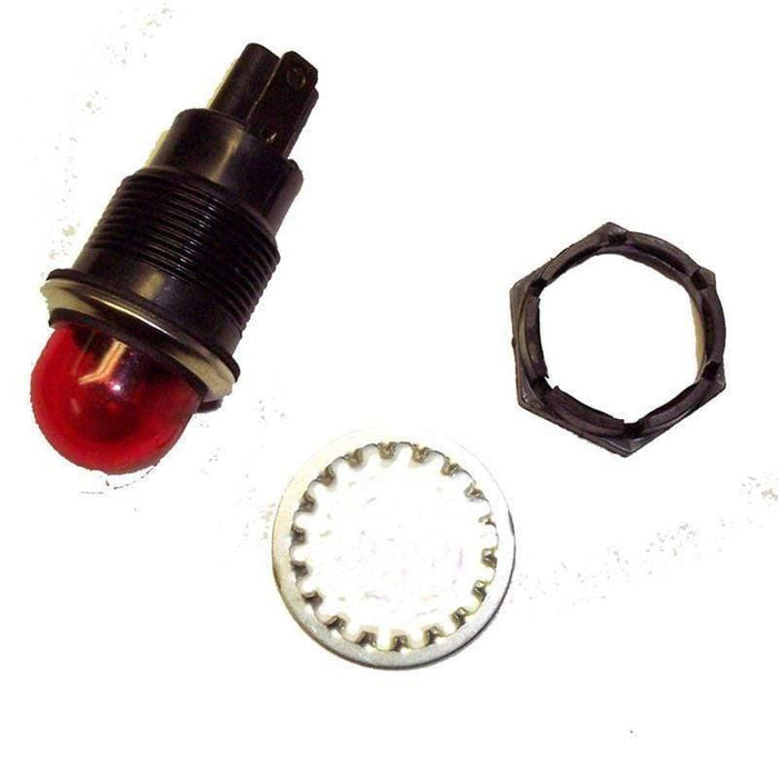 Red indicator light with black housing and installation hardware for control panels