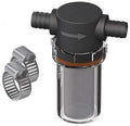 Plastic line strainer with mesh filter and two metal hose clamps for fluid systems