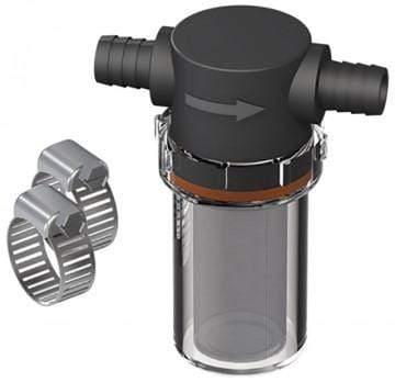 Plastic line strainer with mesh filter and two metal hose clamps for fluid systems