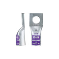 Industrial battery cable lug terminal with sight hole, silver finish, shown front and side
