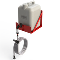 Rectangular gravity tank with handle, mounted on red frame, attached hose and valve