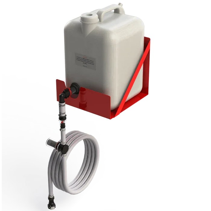 Rectangular gravity tank with handle, mounted on red frame, attached hose and valve