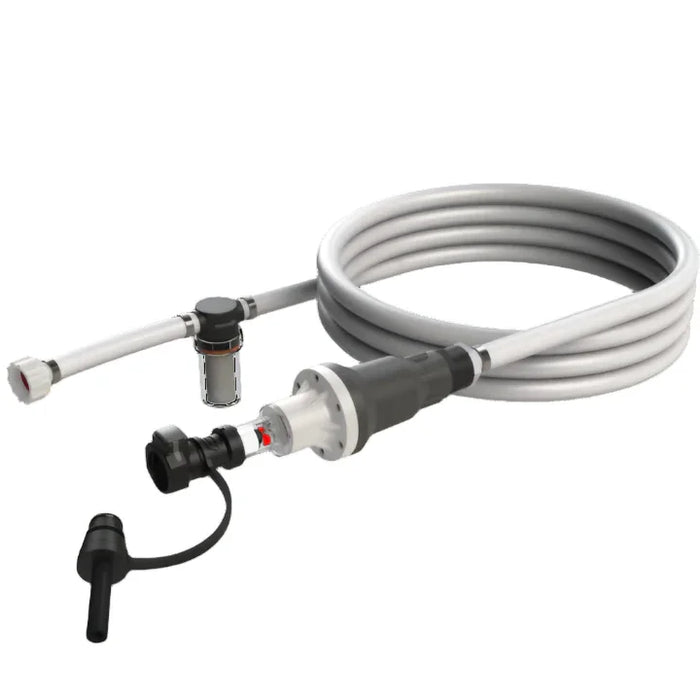 coiled battery water fill hose with valve and filter for facility power systems