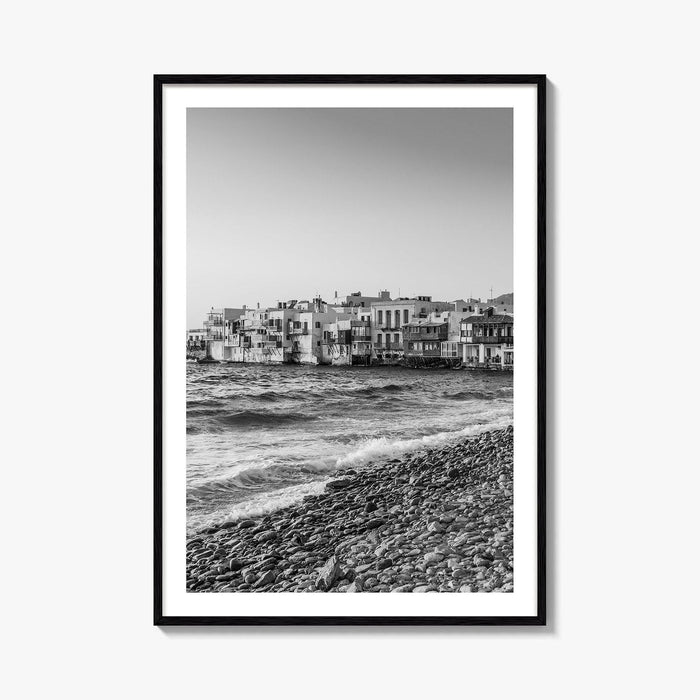 Mykonos Black and White Fine Art Photo Print, Little Venice Waterfront, Greece Wall Poster