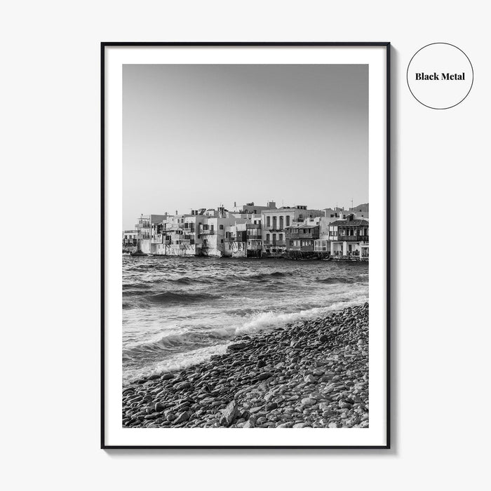 Mykonos Black and White Fine Art Photo Print, Little Venice Waterfront, Greece Wall Poster