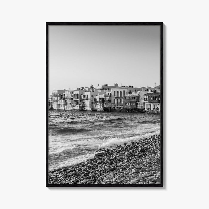 Mykonos Black and White Fine Art Photo Print, Little Venice Waterfront, Greece Wall Poster