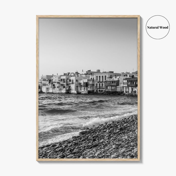 Mykonos Black and White Fine Art Photo Print, Little Venice Waterfront, Greece Wall Poster