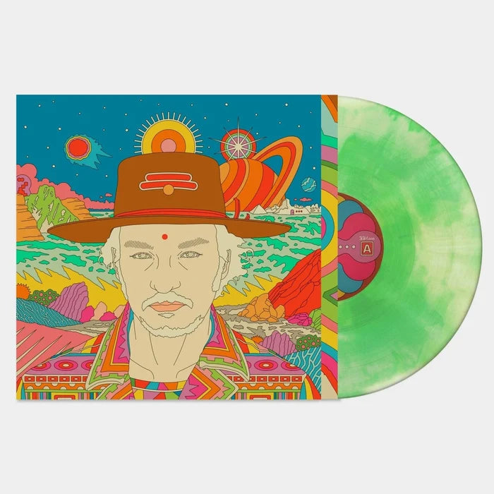 A psychedelic album cover for Night Beats - Outlaw R&B, showing a vivid figure in a hat against a surreal landscape with planets and stars. This Fuzz Club exclusive psych-rock vinyl comes in light green with white marbling.