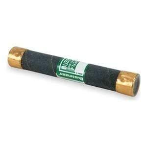 Cylinder electrical fuse with black body, gold metal ends, and green label for power parts