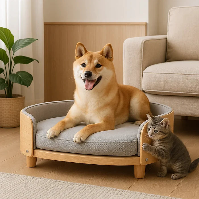 Orthopedic Wooden Frame Pet Bed | Modern Dog & Cat Sofa with Supportive Foam Cushion