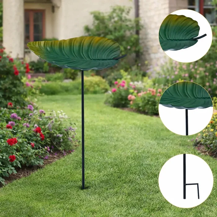 Outdoor Bird Bath & Bird Feeder Station with Ground Stake – Decorative Metal Leaf Design