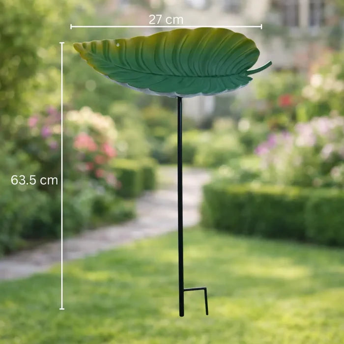 Outdoor Bird Bath & Bird Feeder Station with Ground Stake – Decorative Metal Leaf Design