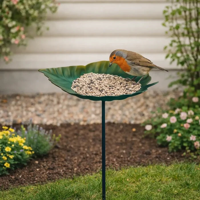 Outdoor Bird Bath & Bird Feeder Station with Ground Stake – Decorative Metal Leaf Design