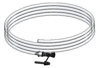 Coiled outlet hose assembly with attached fittings for power equipment