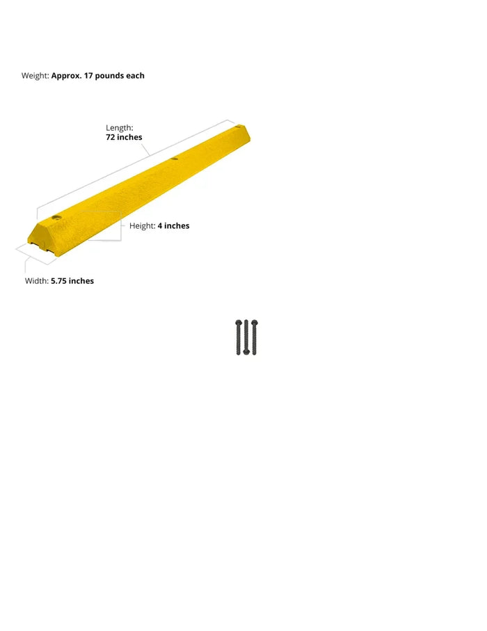 Yellow industrial plastic parking block with hardware, 72 inches long, 4 inches high