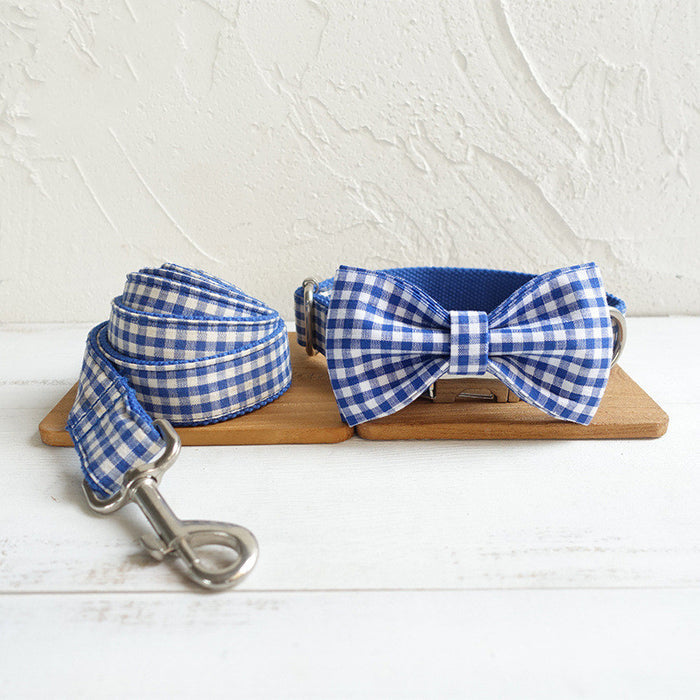 Personalized Blue Plaid Adjustable Pet Collar and Leash Set