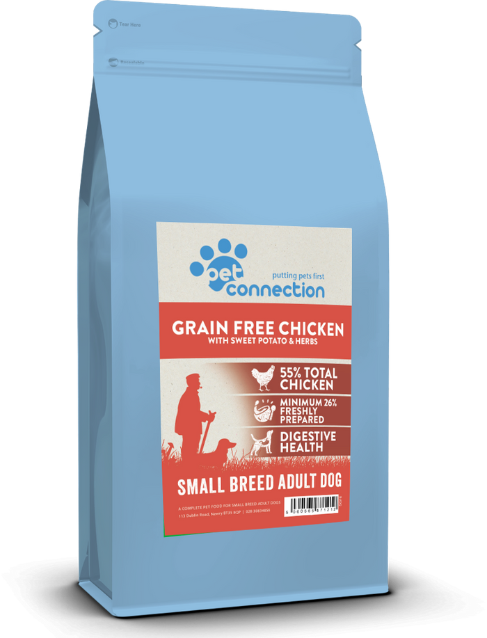 Pet Connection grain-free chicken dog food package on a white background