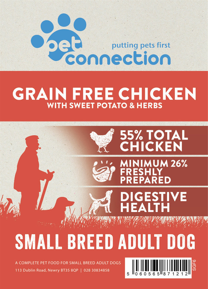 Label for Pet Connection Grain Free Chicken and sweet potato dry dog food