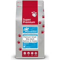 A bag of Pet Connection Super Premium dog food, specifically Premium Small Bite Adult Salmon & Potato, in a silver and red stand-up pouch with a blue label in the center. It is dog food that they deliver to UK and Ireland.