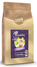 Gold bag of pet food with a label featuring a cat and text about chicken content.