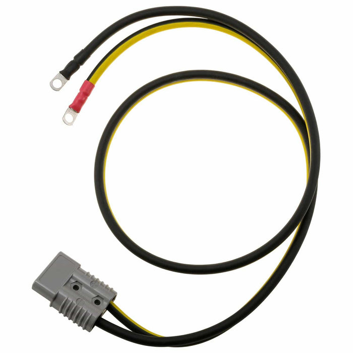 Plug-to-lug booster cables with gray connector and yellow-black wires for power management