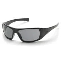 Black polarized safety glasses with wraparound design and dark lenses on white background.