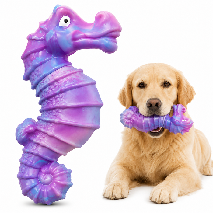Purple Seahorse Squeaky Dog Chew Toy for Aggressive Chewers & Large Dogs