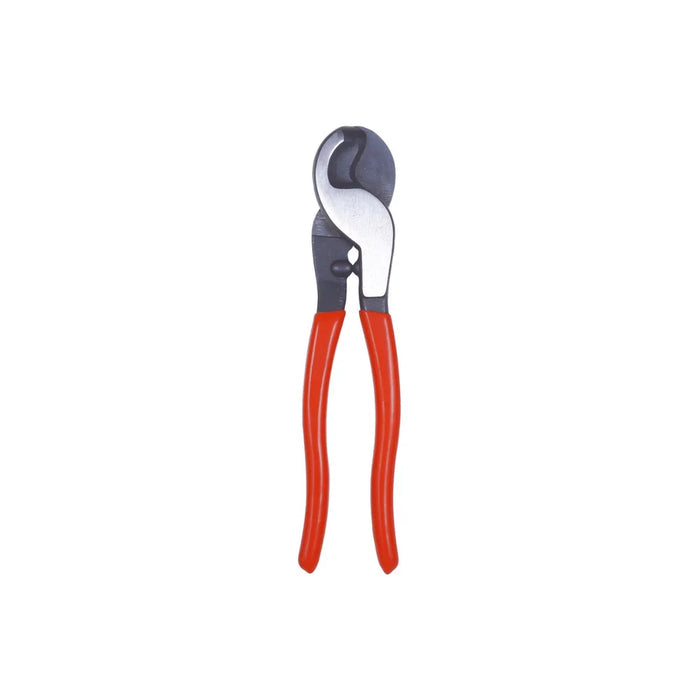 Cable cutter tool with red handles and curved blades on white background