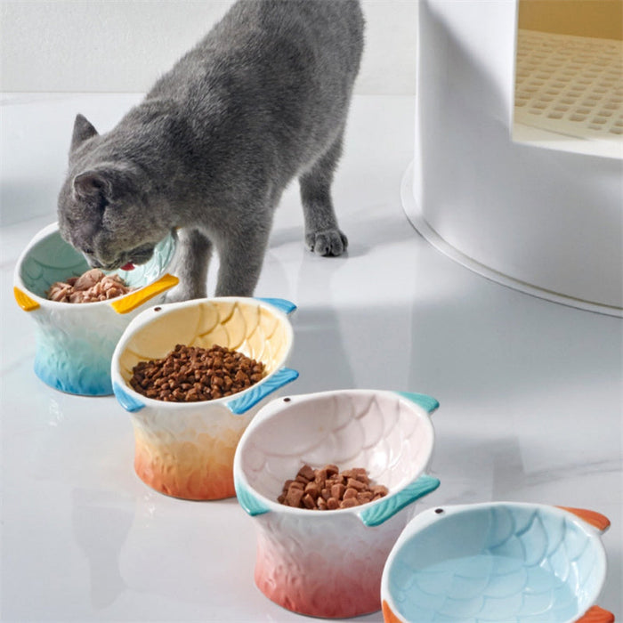 Raised Ceramic Cat Bowl – Cute Fish-Shaped Elevated Food & Water Bowl