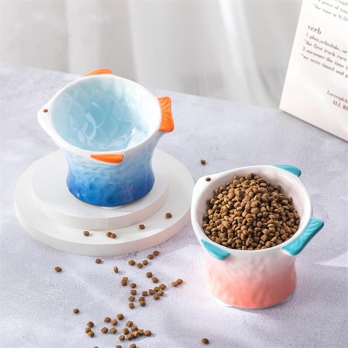 Raised Ceramic Cat Bowl – Cute Fish-Shaped Elevated Food & Water Bowl