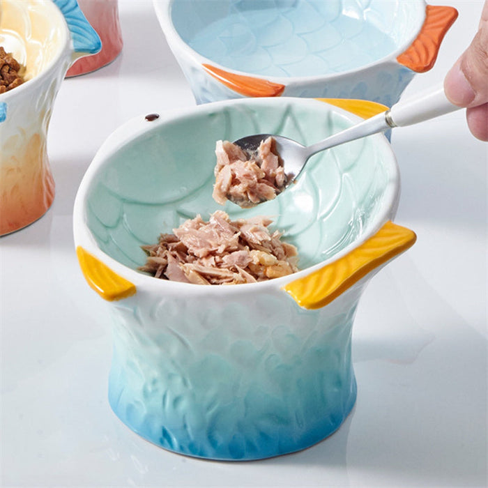 Raised Ceramic Cat Bowl – Cute Fish-Shaped Elevated Food & Water Bowl