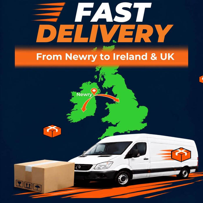 Promotional graphic for fast delivery from Newry to Ireland & UK, showing a white delivery van, a cardboard box, a green map of the UK with Newry marked, and orange text on a dark blue background.
