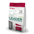A bag of Leader Natural Dog Nutrition Slimline Adult dog food by Red Mill's, featuring a white bag with a dark red top, green and red text, and a gray vertical 'ADULT' label.