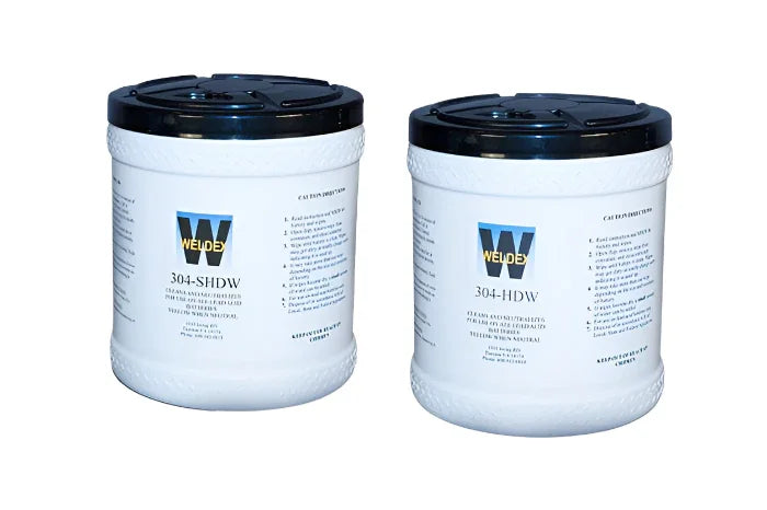 Battery neutralizing and cleaning wipes canisters with black lids on white background