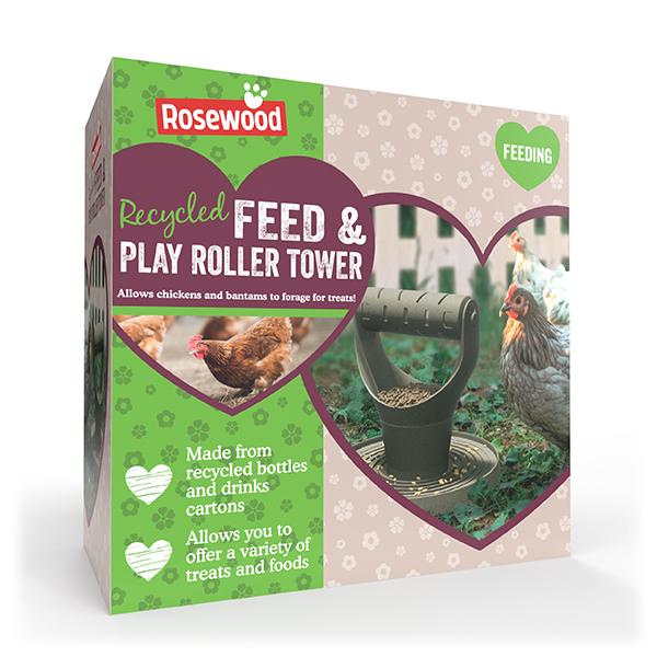 Packaging for Rosewood Recycled Feed & Play Roller Tower for chickens and poultry, showing the product and chickens interacting with it.