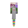 A cat kicker toy with a soft plush rainbow tail on a grey body, presented in packaging.