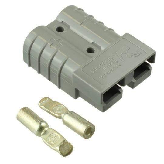 Gray 50 amp power connector with two metal contacts for industrial electrical connections