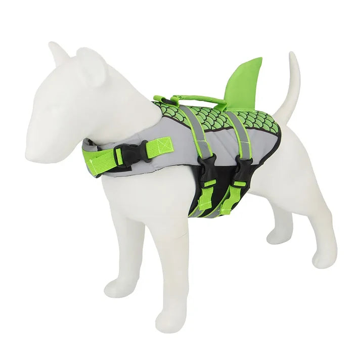 Shark Dog Life Jacket with Scales – Adjustable Dog Swim Vest with Handle & Reflective