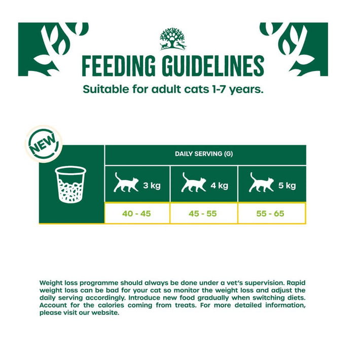 A green and white feeding guidelines poster for adult cats aged 1-7 years, showing daily serving recommendations of 3 kg, 4 kg, and 5 kg with weight loss tips.