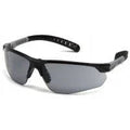 Black safety glasses with gray lenses and textured arms, protective eyewear