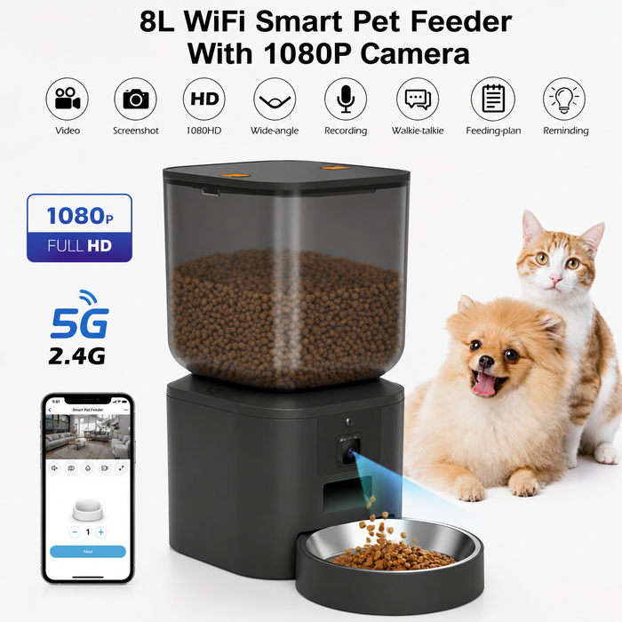Smart Automatic Pet Feeder 8L with HD Camera, WiFi Control & Voice Recorder